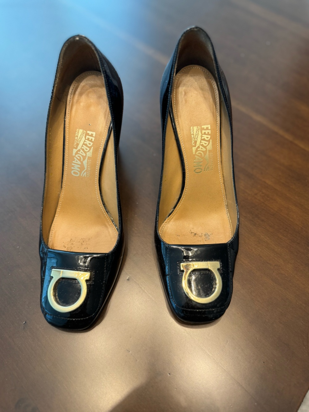 Salvatore Ferragamo Black Patent Leather Gold Ornament Logo heels